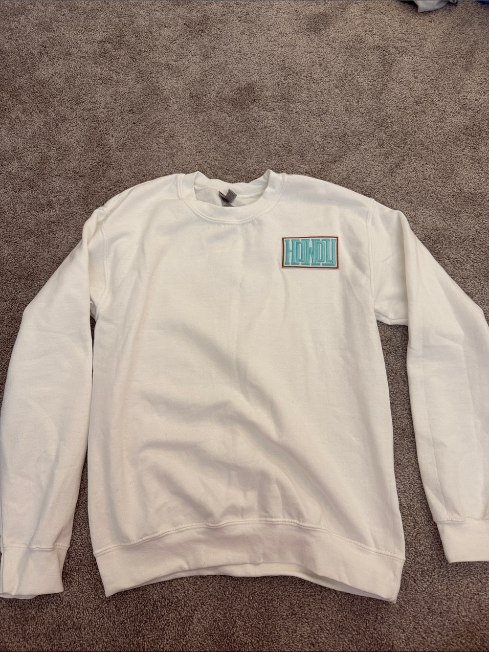 Gildan White Crewneck Sweatshirt with Turquoise Chest Patch